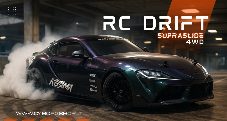 Absima SupraSlide 1:10 mastelio RC drift modelis su visais varomais ratais ir brushed sistema